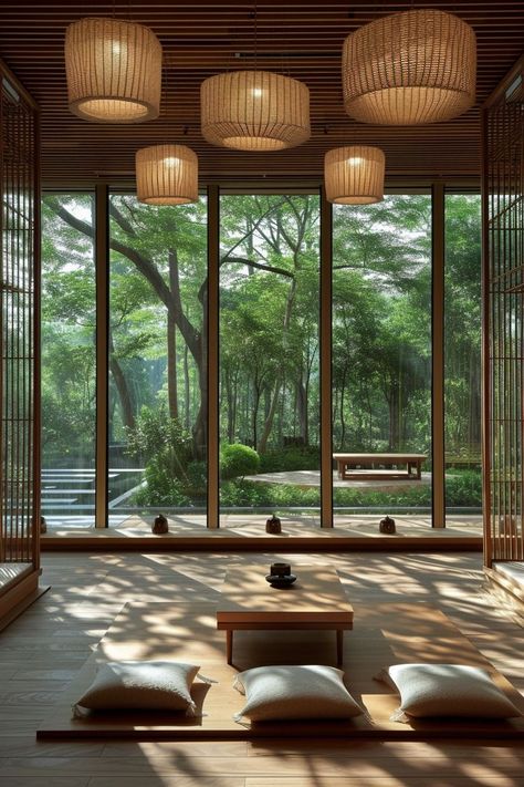 67+ Nature-Infused Office Setups Meditation House Architecture, Meditation Office Space, Zen House Interior, Zen Cabin, Japanese Meditation Room, Yoga Meditation Space Zen Room, Home Zen Space, Japanese Home Office, Zen Office Space