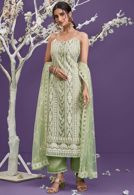 Green Suit Women, Lucknowi Suits, Cotton Thread Embroidery, Suits For Women Indian, Bridal Anarkali, Pista Green, Pakistani Suits Online, Party Sarees, Casual Indian Fashion