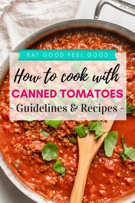Check out this guide for how to use different types of canned tomatoes - whole peeled, diced, crushed, sauce and paste - along with many easy recipe ideas! Canned tomatoes are such an essential pantry item. This guide will help you decide which canned tomatoes to use for which recipes and how you can substitute them as necessary. Tomatoes top the ingredient list in recipes for pasta sauce, enchiladas, chili and more. Pasta Making Recipes, Recipes With Diced Tomatoes, Canned Tomato Recipes, Recipes For Pasta, How To Make Tomato Sauce, Tomato Paste Recipe, Fun Hacks, Easy Recipe Ideas, Canning Crushed Tomatoes