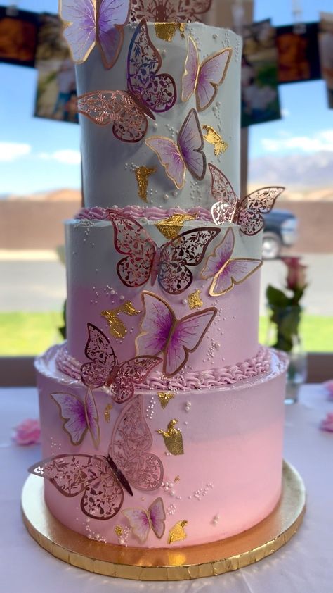 Butterfly Party Cake Ideas, Butterfly Cake For Quinceanera, Quince Cake Lilac, Butterfly Shaped Cakes, Butterfly Theme Cake 2 Tier, Butterfly Two Tier Cake, 3 Tier Butterfly Cake, Cake Butterfly Design, Butterfly Cakes For Girls Birthday