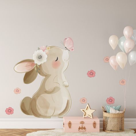 "When it comes to nursery room decoration, there is so much to choose from, it can be a little bit overwhelming. Nursery is your baby's first room, so it's important to be thoughtful and consider even the smallest things. Our adorable bunny wall decals will make your baby's room feel safe and cozy and create a positive atmosphere. Your little one will spend the happiest days in such a colorful and cute room! PRODUCT SPECIFICATION: 1. All my decals are made from 100% interior safe, removable, qua Bunny With Flowers, Bunny Nursery Decor, Easter Wall Art, Bunny Room, Flowers Nursery, Nursery Wall Decal, Bunny Nursery, Floral Decal, Flower Nursery