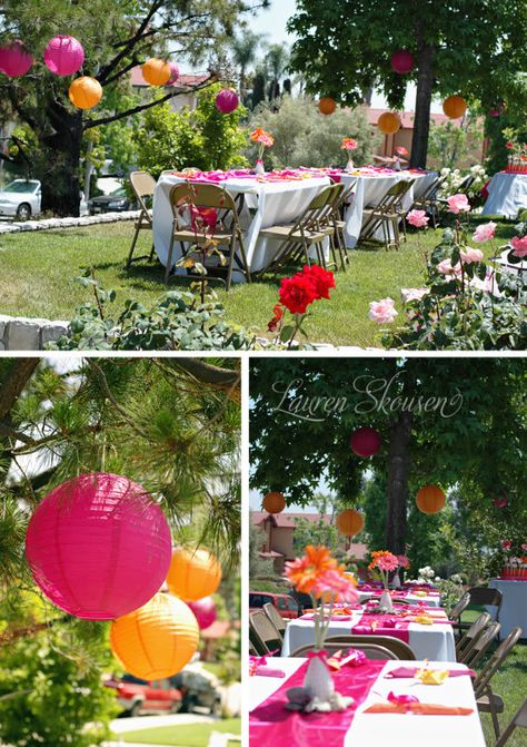 Have a bridal shower outside would be so pretty...if the weather was right. lol Pink Backyard Dinner Party, Outdoor Party Flower Arrangements, Outdoor Event Decor Summer Parties, Pink Outdoor Party Decorations, Backyard Spring Party, Orange And Pink Party, Summer Outdoor Party Decorations, Backyard Party Decorations, Outdoor Bridal Showers