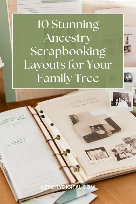 10 Stunning Ancestry Scrapbooking Layouts for Your Family Tree Ancestry Scrapbooking Layouts, Family Tree Layout, Family Tree Album, Ancestry Book, Genealogy Templates, Heritage Scrapbooking Layouts, Elegant Cursive Fonts, Ancestry Scrapbooking, Family History Organization