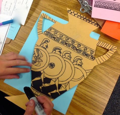 Greek Vases Art Project, Greek Vase Art Project, Ancient Greek Vase Art, Greek Art Projects For Kids, Greek Mythology Crafts For Kids, Greece Crafts For Kids, Greek Mythology Projects, Ancient Greece Art Projects, Greek Vase Art