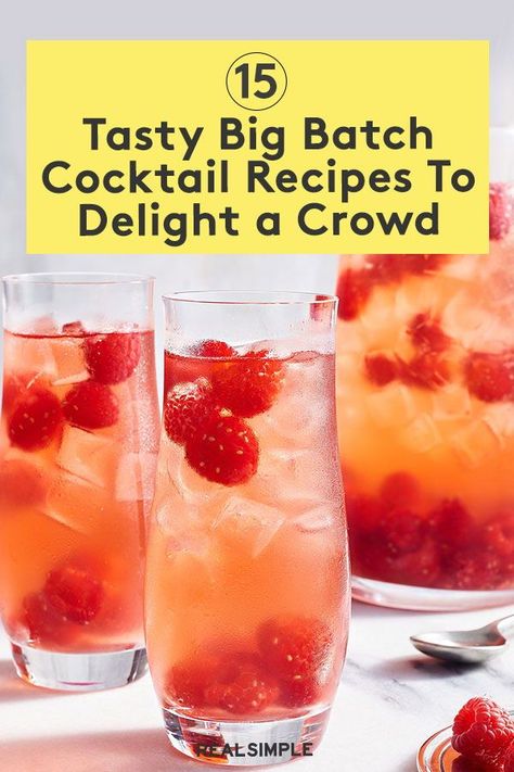 15 Big Batch Cocktails Guaranteed to Delight a Crowd | Whip up one of these large batch cocktails or punch recipes pre-party or event, and you'll be free to join the celebration. Classic tequila punch bowls to twists on classic cocktails like the Moscow Mule, these are some of the best tasting and easy-to-make batch cocktail recipes. #realsimple #drinkrecipes #drinkideas #cocktailrecipes #batchdrinks Cocktails Recipes For Party, Large Batch Alcoholic Drinks Parties, Party Punch Bowl Alcohol, Easy Mixed Drinks For A Crowd, Signature Brunch Cocktails, Punch Bowl Cocktails Alcohol, Moscow Mule Large Batch Recipe, Alcohol Batch Drinks, Super Bowl Batch Cocktails