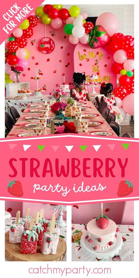 Don't miss this cute Strawberry-themed 1st birthday party! The party food is so sweet! See more party ideas and share yours at CatchMyParty.com Strawberry Party Favor Ideas, Strawberry Theme Cupcakes 1st Birthdays, Strawberry Theme 2nd Birthday, Berry 1st Birthday Party Food Ideas, Strawberry Themed Party Food, Strawberry Birthday Decor, Two Sweet Strawberry Birthday, Berry First Birthday Food Ideas, Strawberry Party Food