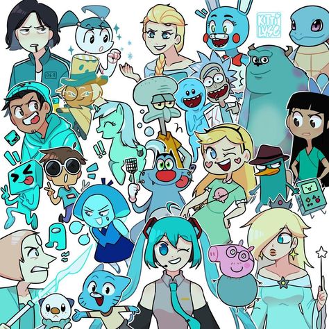 Blue Cartoon Character, Colored Characters, Color Symbolism, Blue Drawings, Really Cool Drawings, Cute Emoji, 캐릭터 드로잉, Fandom Funny, Cartoon Crossovers