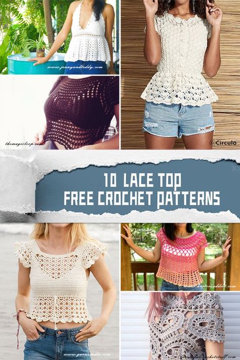 10 Lace Top FREE Crochet Patterns - iGOODideas.com Crochet Lace Crop Top Pattern Free, Crochet Floral Lace Top, Vintage Crochet Top Pattern, Crochet Lacy Summer Tops Free Patterns, Free Crochet Lace Top Patterns, Free Crochet Lace Cardigan Pattern, Crochet Lace Tank Top Free Pattern, Crochet Lace Up Top, Summer Dress Crochet Pattern Free