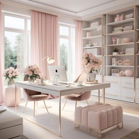 Fancy Beach House Interior Design, Feminine Home Office Classy Chic, Feminine Home Office Classy, Classy Office Decor, Elegant Home Office, Feminine Home Offices, Cozy Home Office, Pink Office, Office Room Decor