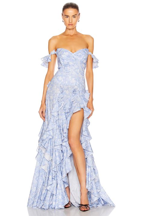 Caroline Constas Ruffle Gown in Blue | FWRD Haute Couture, Jetset Lifestyle, Brunch Fashion, Ruffle Gown, Caroline Constas, Designer Dresses For Women, Top Design Fashion, Grad Dresses, Dressy Dresses