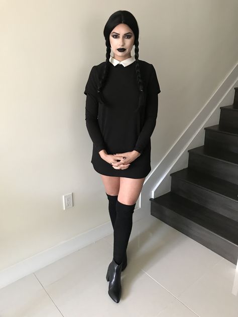 Simple Halloween Costume  The wig is from Amazon, dress and socks from Forever21, shoes are from Steve Madden Wednesday Addams Costume Diy, Addams Outfit, Wednesday Addams Halloween Costume, Wednesday Addams Outfit, Wednesday Addams Costume, Wednesday Addams Dress, Addams Dress, Group Halloween, Dress Halloween Costume