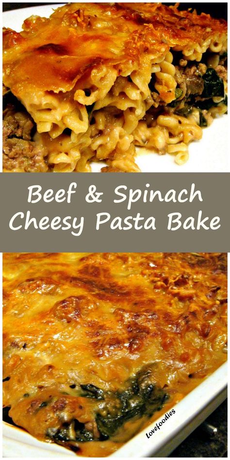 Ground Beef & Spinach Pasta Bake Easy to make and very tasty! #beef #spinach #pasta #bake #dinner Essen, Couscous, Beef Spinach Pasta, Mince Meals, Ground Beef Spinach, Ground Beef And Spinach, Spinach Pasta Bake, Cheesy Pasta Bake, Pasta Bake Easy