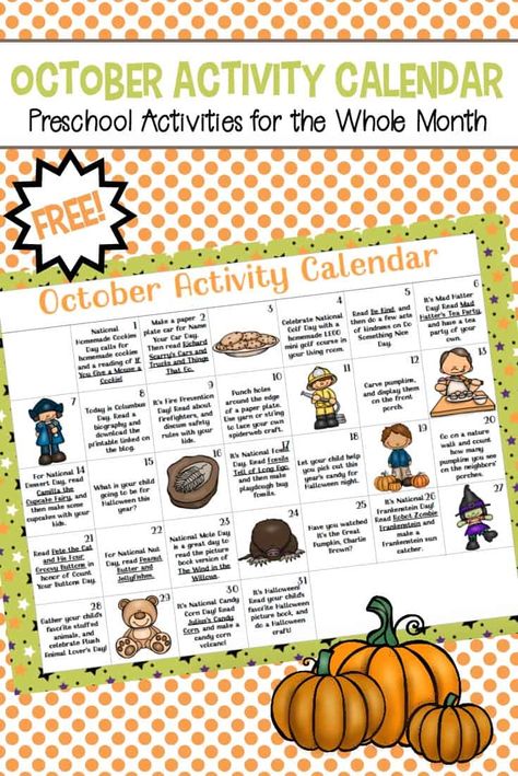 Don't miss the October preschool activity calendar! Celebrate all of this month's special days with books, printables, and hands-on activities! #homeschoolprek #activitycalendar #octoberactivities #octoberbooks #octoberpreschool via @homeschlprek October Lesson Plans, Reggio Emilia Preschool, October Preschool, Homework Calendar, October Lessons, Preschool Calendar, Homeschool Prek, Activity Calendar, October Books