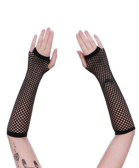 Fishnets On Arms, Fish Net Sleeves Outfit, Arm Fishnets, Ghoulia Cosplay, Fishnet Arm Warmers, Fishnets Gloves, Fishnet Sleeves, Net Gloves, Black Mittens