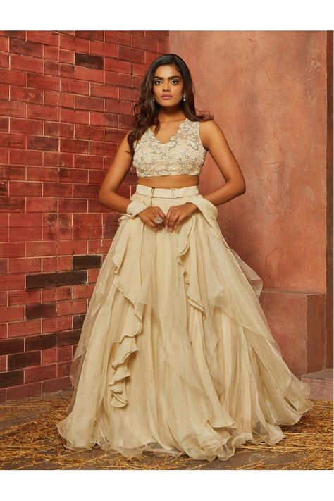 Whats New Layered Lehenga, Ruffle Lehenga, Ruffle Dupatta, Belt With Gold Buckle, White Lehenga, Net Blouse, Blouse Yoke, Net Blouses, Embellished Blouse