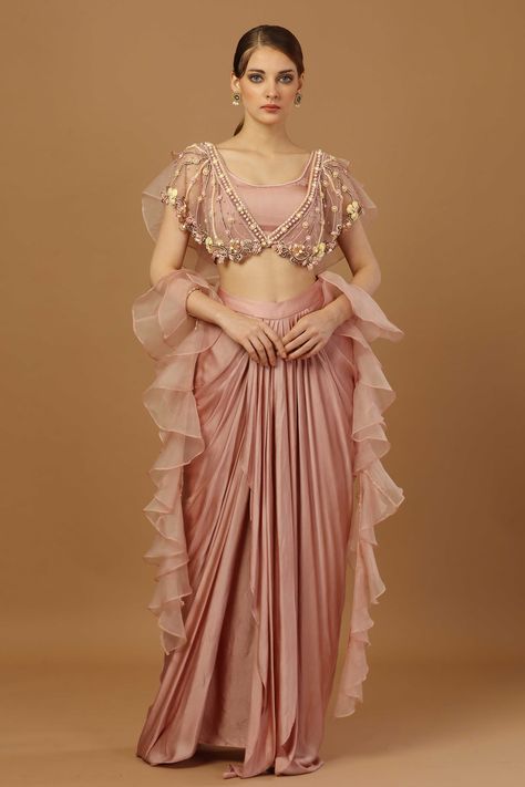 Shop for these amazing collections of Pink Blouse: Net Embroidered Stone Scoop With Draped Dhoti Skirt For Women by Merge Design online at Aza Fashions. Ruffle Dupatta Net, Frill Dupatta Designs Net, Frill Dupatta Designs, Ruffle Hands, Dupatta Draping Styles, Dhoti Skirt, Satin Dupatta, Ruffle Dupatta, Double Layer Dress