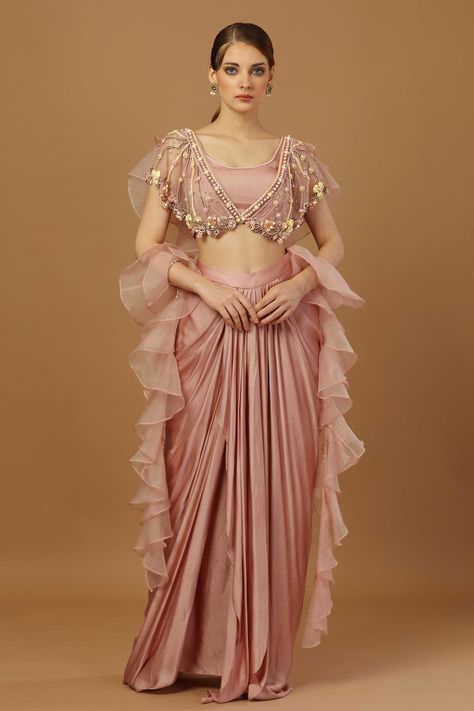 Shop for these amazing collections of Pink Blouse: Net Embroidered Stone Scoop With Draped Dhoti Skirt For Women by Merge Design online at Aza Fashions. Frill Dupatta Designs Net, Different Saree Draping Styles, Dupatta Draping Styles, Dhoti Skirt, Satin Dupatta, Ruffle Dupatta, Double Layer Dress, Trendy Outfits Indian, Net Skirt