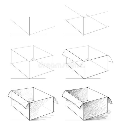 Architecture Sketch Step By Step, Cute Box Drawing, Drawing From Perspective, How To Draw Shapes, Box Sketch Drawing, Open Box Drawing, Sketch Step By Step Pencil, 3d Box Drawing, Box Drawing Ideas