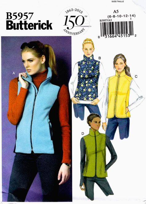 Butterick+B5957+Misses+Womens+Zippered+Vests+Lined+Semi+Fitted+Sewing+Pattern+Sizes+6-8-10-12-14 Vest Patterns For Women Sewing, Womens Vest Pattern, Vest Patterns, Vest Sewing Pattern, Womens Vests, Zipper Vest, Outdoor Vest, Diy Jacket, Jacket Pattern Sewing