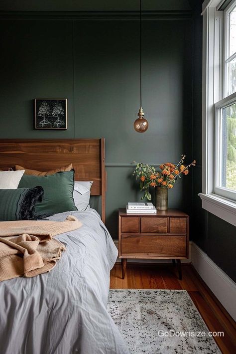 We’re moving on to darker greens for a more moody aesthetic. The wooden features here are a bit more pronounced to pop out from the deeper colors. Bedroom Paint Colors Moody, Darker Bedroom Aesthetic, Moody Design Aesthetic, Bedroom Ideas Dark Wood Floors, Dark Color Paint For Bedroom, Dark Moody Mid Century Modern Bedroom, Dark Simple Bedroom, Mountain Aesthetic Bedroom, Boho Moody Bedroom