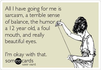 All I have going for me is sarcasm, a terrible sense of balance, the humor of a 12 year old, a foul mouth, and really beautiful eyes. I'm okay with that. Humour, Have A Sense Of Humor Quotes, Foul Mouthed Quotes, Out Of Shape Humor, What That Mouth Do Funny, Dating Me Is Like Funny, I'm Okay, Funny Confessions, Old A