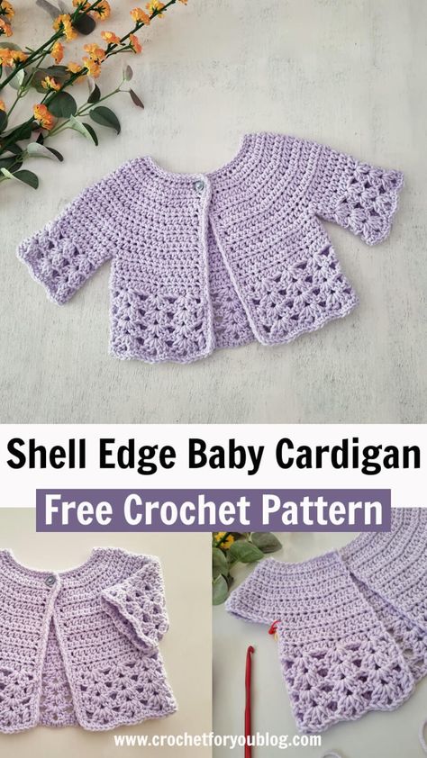 Crochet Shell Edge Baby Cardigan Free Pattern - Crochet For You Crochet Baby Shrug, Crochet Baby Cardigan Free Pattern, Diy Crochet Sweater, Baby Cardigan Pattern Crochet, Crochet Baby Projects, Crochet Baby Sweater Pattern, Crochet Shell, Crochet Baby Jacket, Crochet Baby Sweaters