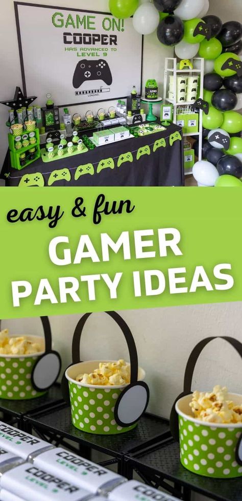 Gaming Birthday Party Ideas for 2022 | Parties Made Personal Video Game Themed Party Food, Gaming Birthday Food Ideas, Gamers Themed Party, Video Game Party Favors Boys, Gaming Party Decorations Ideas, Level Up Birthday Party Food, Gamer Birthday Desserts, Level Up Party Favors, Level One Birthday Party