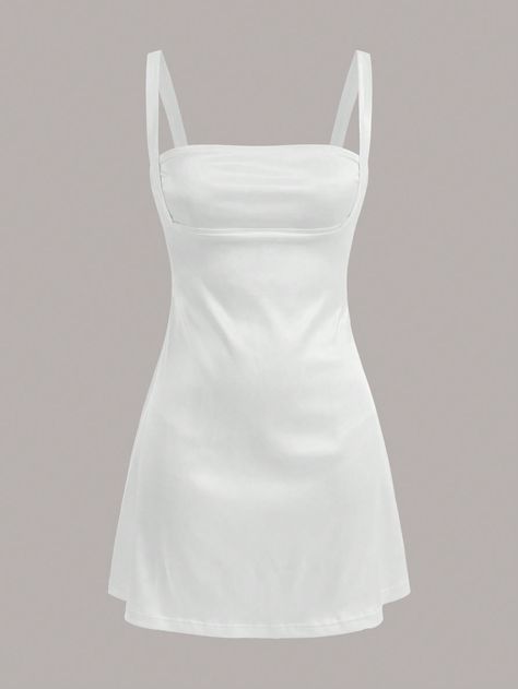 White Elegant Collar Sleeveless Woven Fabric Plain Cami Embellished Slight Stretch  Women Clothing Satin Spaghetti Strap Dress, Dress Short Tight, Sleeveless White Dress, White Tight Dresses, Bat Mitzvah Dresses, White Satin Dress, Elegant White Dress, Normal Clothes, White Sleeveless Dress