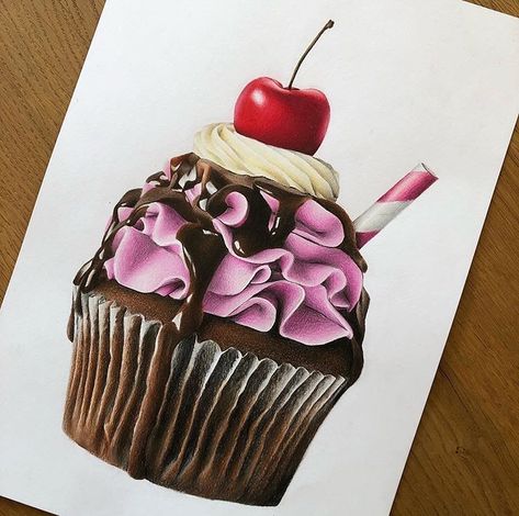 @artyfeatures: „This cupcake by @hln_art is so realistic😍😍 - Hashtag #artyfeatures and follow @artyfeatures for…” Cherry Reference, Cupcakes Art Drawing, Cupcakes Drawing, Donut Drawing, Prismacolor Drawing, Desserts Drawing, Artists Drawing, Pencil Inspiration, Food Art Painting