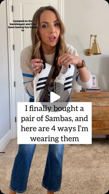 Merrick White / Style Educator on Instagram: "4 ways I’m wearing my new Adidas Sambas sneakers…I finally jumped on the bandwagon! Which outfit do you want to copy??  If you have a pair as well, and need some outfit ideas, I hope this is helpful.  Looking for links? Comment below with the word LINK and I’ll send you a DM with links to all these outfits.  Also, I know sizing is funky for the sambas, but for this pair, they fit very true to size and are VERY comfortable. No break in time required.  #4wayswithmerrick" Adidas Samba Outfit Woman, Samba And Jeans Outfit, Samba Addidas Outfits Women, Adidas Shoes Outfit Ideas Women, White Shoe Outfits For Women, Samba Adidas Outfits, Grand Court Alpha Sneaker Outfit, What To Wear With Adidas Samba, Women Samba Outfit