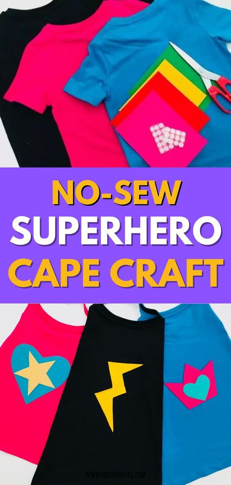 Learn how to make this super easy DIY superhero cape out of nothing more than a t-shirt. These fun and colourful no sew capes make the perfect fancy dress outfit or easy costume for World Book Day. Fun craft for kids and a great DIY kids costume.. #worldbookdaycostumes #DIYsuperherocape #nosewcapeforkids #fancydressforkids #dressupforkids No Sew Superhero Cape, Spirit Week Super Hero Day, Super Hero Dress Up Day At School, Diy Super Hero Costumes For Kids, Superhero Shirt Ideas, Superhero Dress Up Day At School, Super Hero Outfits Spirit Week, Super Hero Day Spirit Week, Super Hero Costumes Diy