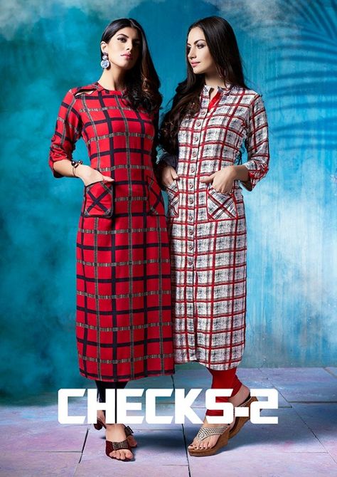 Check Fabric Dress Design, Check Print Kurti Designs, Checks Kurti Designs, Kurti Lehenga, Printed Kurti Designs, Best Casual Dresses, Saree Kurti, Kurti Embroidery, Man Clothes