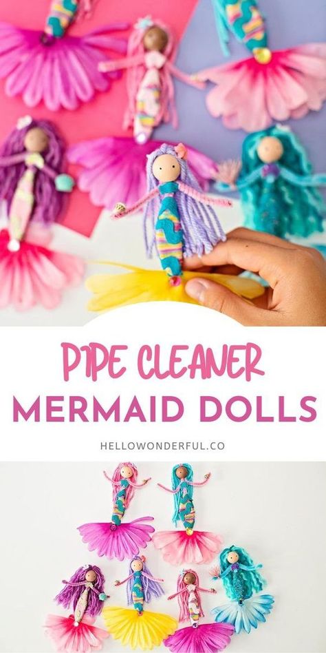 Make It Take It Projects, Mermaid Dolls Diy How To Make, Mermaid Yarn Doll, Mermaid Dolls Diy, Mermaid Theme Crafts, Whimsical Crafts Diy Projects, Mermaid Gifts For Kids, Mermaid Party Crafts, Crafts With Pipe Cleaners For Kids