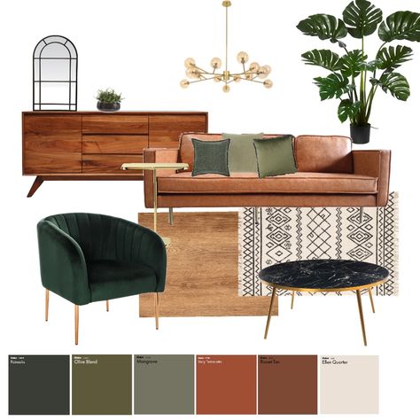 Interior Design Living Room Mood Board, Home Modern Decor Ideas, Mood Boards Home Decor, How To Mood Board Interior Design, Large Gallery Wall Dining Room, Midcentury Modern Board And Batten, Terracotta Cushions Living Rooms, Interior Decorating Mood Board, Mid Century Living Room Mood Board