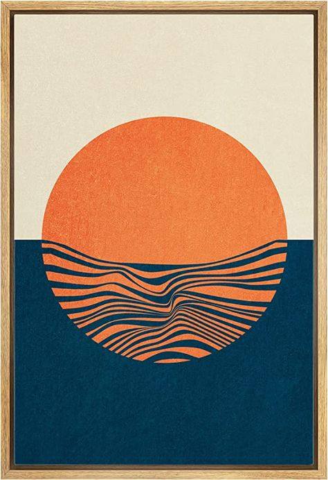 Amazon.com: IDEA4WALL Framed Canvas Print Wall Art Geometric Neon Orange Sun Ocean Wave Landscape Abstract Shapes Illustrations Modern Decorative Bohemian for Living Room, Bedroom, Office - 16"x24" Natural: Posters & Prints Art Prints Orange, Geometric Wave Design, Colorful Art Prints Wall Decor, Geometrical Painting Ideas, 70 Art Vintage 70s, Graphic Geometric Design, Bohemian Poster Design, Abstract Poster Design Graphics, Abstract Wave Art