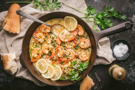 The Most Delicious Garlic-Butter Shrimp Scampi - Nerds with Knives Classic Shrimp Scampi, Cook Shrimp, Homemade Garlic Butter, Parsley Leaves, Garlic Butter Shrimp, Dry Vermouth, Butter Shrimp, Food Substitutions, Food Allergens