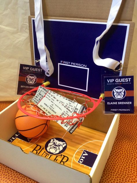 Sports Ticket Gift Surprise, Gift Basket Ideas Basketball, Surprise Basketball Tickets Gift Ideas, Basketball Themed Gift Baskets, Basketball Bf Gifts, Ticket Box Ideas, Surprise Tickets Gift Ideas, Basketball Tickets Gift Surprise, Basketball Boyfriend Gifts
