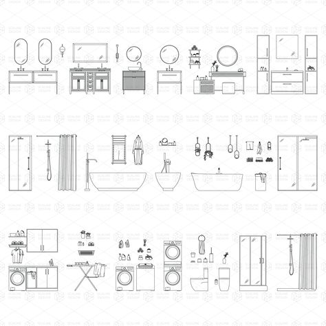 More than 55 drawings are included in this collection of “Bathroom and Laundry” (elevation). Perfect for your architectural drawings, layouts, floor plans, post digital drawings, architectural collage and renderings. File format: Autocad (.dwg) and Adobe Illustrator Vector (.ai) Toilet Elevation Drawing, Toilet Dimension Plan, Shower Architecture, Furniture Elevation, Bathroom Section, Laundry Furniture, Bathroom Sketch, Mirror Toilet, Section Drawing Architecture