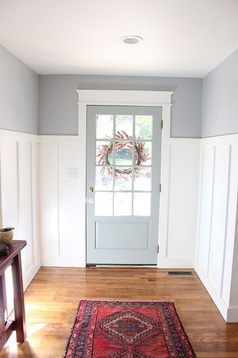 From Blue to Gray Entryway - thewhitebuffalostylingco.com Benjamin Moore Silver Lake Benjamin Moore Silver Lake, Light Blue Grey Paint, Vstupná Hala, Blue Gray Paint Colors, Blue Gray Paint, Light Wood Floors, Ideas Hogar, Grey Paint Colors, غرفة ملابس