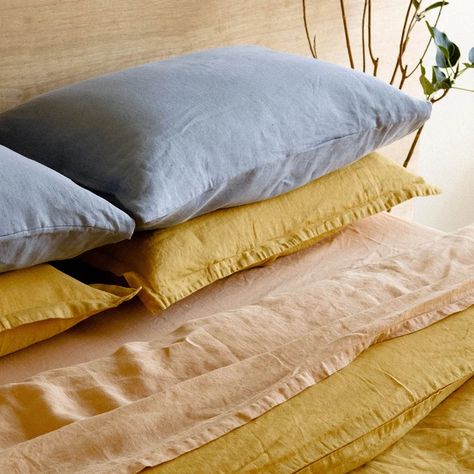 Linen Color Palette, Cream Duvet, Mustard Bedding, Bedroom Colour Palette, Colorful Bedding, Children Room Boy, Yellow Bedding, Blue Sheets, Favorite Bedding