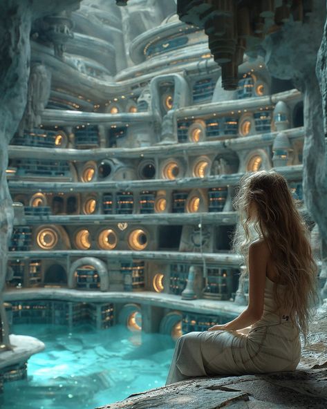 In the submerged caverns of New Atlantis, Sirena gazed upon the Aquatic Terraces, humanity’s last refuge. As the principal architect, her vision had given rise to these bio-luminescent chambers, harnessing the power of water to sustain life. Each terrace thrummed with the energy of hydrocores, beating like hearts beneath the sea. Orphaned by the rising tides, Sirena had vowed to create a haven for the survivors. Her hair, the color of sunlit reefs, was a reminder of the world above, now a my... Lost City Of Atlantis Aesthetic, Mermaid City, Atlantis Underwater, Spiral Dynamics, Atlantis Art, Water Kingdom, Underwater Ruins, Aquatic Art, Power Of Water