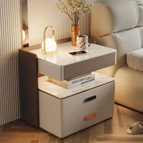 Bed Pedestal Bedside Tables, Beige Bedside Table Aesthetic, Bed Side Box Design Modern, Small Table Beside Bed, Modern Bed With Side Table, Bedside Tables With Drawers, Bed Side Drawer Design Modern, Small Tables For Bedroom, Bed Side Study Table