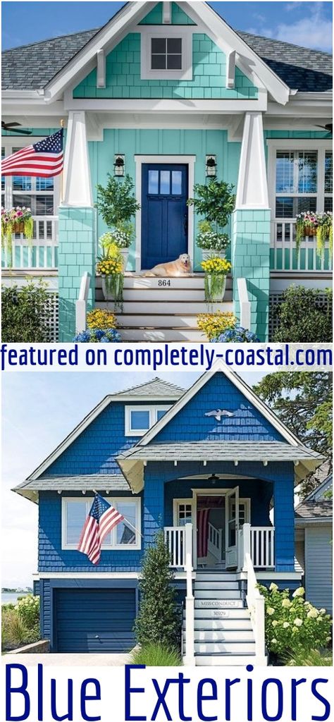 Play up the coastal vibe with these gorgeous colors for your home exterior. Shades of blue, including turquoise and pale sea green are the colors these houses are painted with. Featured on Completely Coastal. Get your house paint inspiration from this post! Includes link to a great house paint color guide! Turquoise Exterior House Paint, Blue Beach House Exterior, Home Exterior Paint Ideas, Coastal Exterior House Colors, Beach House Exterior Paint Colors, Coastal Cottage Exterior, Blue Home Exterior, Beach House Exterior Colors, Coastal House Exterior