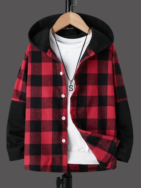 Boys Buffalo Plaid Hooded Shirt Without Tee | SHEIN USA Halloween Male Outfits, Mode Emo, Clothes For Boys, T Shirt Boy, Shein Kids, Hype Clothing, Shirt For Boys, Stylish Hoodies, Guys Clothing Styles