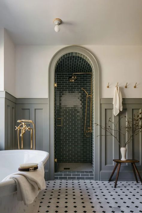 17 Gorgeous Board and Batten Wall Ideas I Love - Kaitlin Madden Home Blogger Brownstone Bathroom Brooklyn, Bathroom Wallpaper And Tile, Historic Bathroom Remodel, Dark Paint Bathroom, Tile Moulding, Tub In Front Of Window, Dark Bathroom Wallpaper, Black And Wood Bathroom, French Chic Home