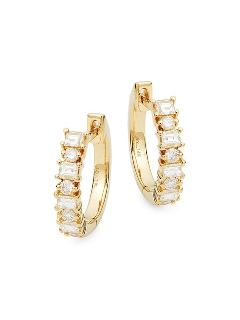 Brilliant baguette and round cut diamonds give these huggie hoops an opulent sparkle. Diamonds, 0.42 tcw 14K yellow gold Hinge back Imported SIZE Drop, about 0.45" Click here for a Guide to Jewelry & Watches. | Saks Fifth Avenue 14K Yellow Gold Diamond Huggie Hoop Earrings Unique Hoop Earrings, Yellow Gold Diamond Earrings, Gold Diamond Hoop Earrings, Diamond Huggie Earrings, Diamond Huggies, Purple Diamond, Diamond Earing, Diamond Jewelry Designs, Gold Diamond Earrings