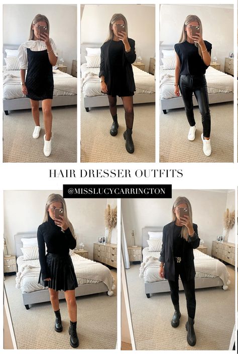 Trendy Work Fits, Outfits For Makeup Artist, Stylish All Black Outfits For Work, Hairdresser Fashion Outfits, Makeup Artist Clothes Outfits, Black Outfit Hairstylist, Bridal Hairstylist Outfit, Cute Cosmetologist Outfits All Black, Outfit Ideas For Hairdressers