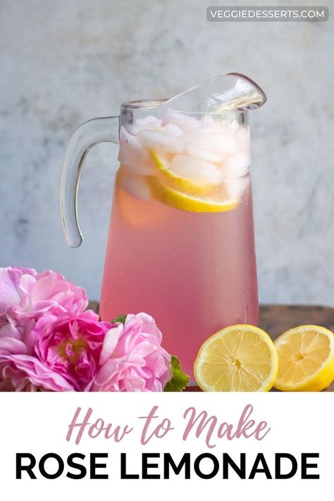 Pitcher of rose lemonade. Essen, Rose Syrup Recipe, Lemonade Simple Syrup, Lemonade Sangria, Rose Drink, Flavored Lemonade, Floral Drink, Spring Drink, Easy Summer Cocktails