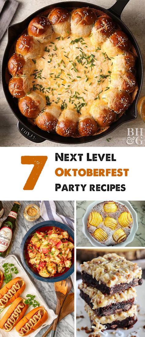 Oktoberfest recipes to bring your party to the next level! #oktoberfestrecipe #oktoberfestfood #oktoberfest #cheesediprecipe #cheesedip #germanchocolatecake #germanchocolatecakerecipe #germanchocolatebrownies #partyfood #partyrecipes #bratwurst Snacks For Octoberfest, Oktoberfest Food Board, Oktoberfest Tailgate Food, Oktoberfest Party Food Dessert, Easy Octoberfest Appetizers, Vegetarian Octoberfest Recipes, German Sides Oktoberfest, Hairstyles For Octoberfest, Appetizers For Octoberfest Party