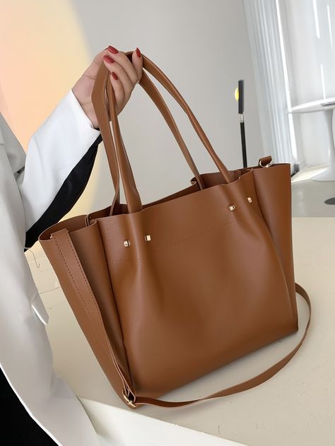 Brown Elegant   PU Leather Plain Shoulder Tote Bag    Women Bags University Bags Women, Uni Bags, Christmas Moodboard, Tote Bags For College, College Tote Bag, Trending Totes, University Bag, Uni Bag, Work Aesthetic